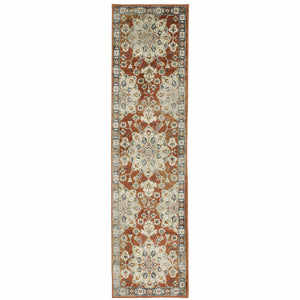 Homeroots 2' X 8' Rust Beige Teal Blue And Gold Oriental Power Loom Stain Resistant Runner Rug Rust,Beige Polypropylene 510350