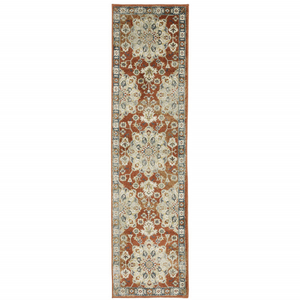 Homeroots 2' X 8' Rust Beige Teal Blue And Gold Oriental Power Loom Stain Resistant Runner Rug Rust,Beige Polypropylene 510350
