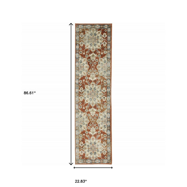 Homeroots 2' X 8' Rust Beige Teal Blue And Gold Oriental Power Loom Stain Resistant Runner Rug Rust,Beige Polypropylene 510350