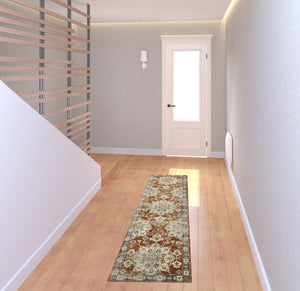 Homeroots 2' X 8' Rust Beige Teal Blue And Gold Oriental Power Loom Stain Resistant Runner Rug Rust,Beige Polypropylene 510350