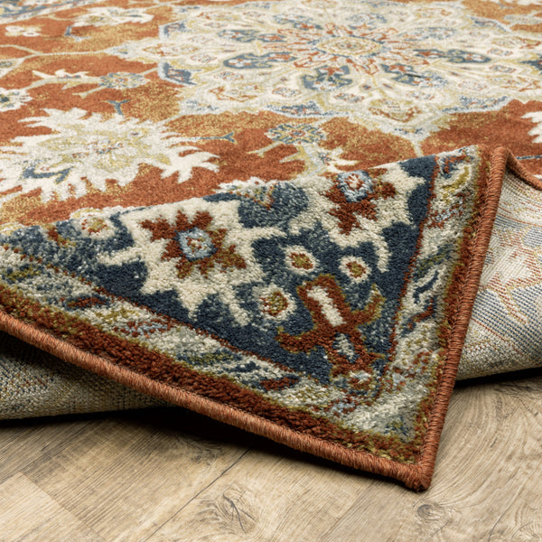 Homeroots 2' X 8' Rust Beige Teal Blue And Gold Oriental Power Loom Stain Resistant Runner Rug Rust,Beige Polypropylene 510350