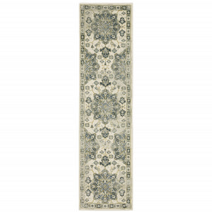 Homeroots 2' X 8' Ivory Blue Teal Grey And Olive Green Oriental Power Loom Stain Resistant Runner Rug Ivory,Blue Polypropylene 510351