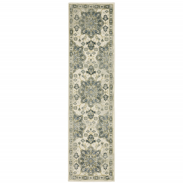 Homeroots 2' X 8' Ivory Blue Teal Grey And Olive Green Oriental Power Loom Stain Resistant Runner Rug Ivory,Blue Polypropylene 510351