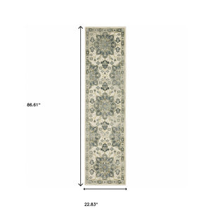 Homeroots 2' X 8' Ivory Blue Teal Grey And Olive Green Oriental Power Loom Stain Resistant Runner Rug Ivory,Blue Polypropylene 510351