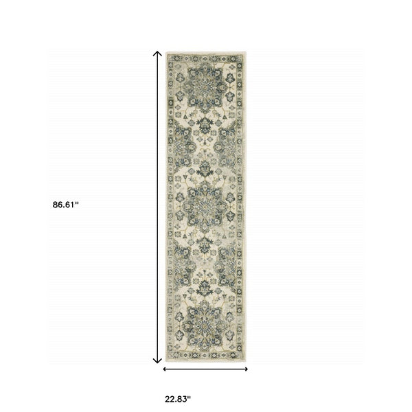 Homeroots 2' X 8' Ivory Blue Teal Grey And Olive Green Oriental Power Loom Stain Resistant Runner Rug Ivory,Blue Polypropylene 510351