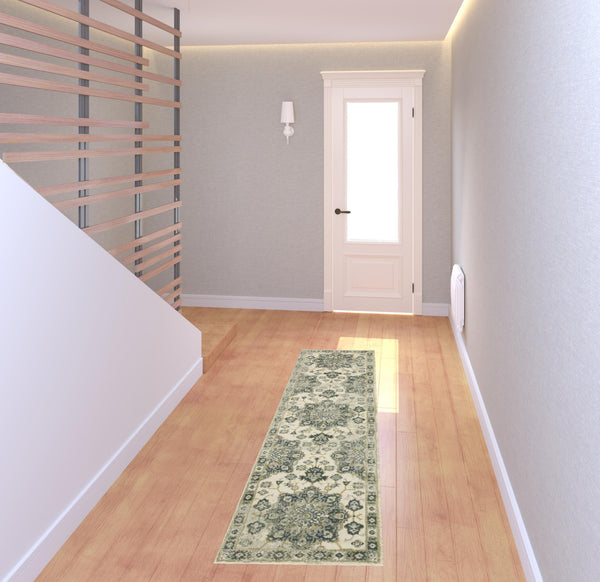 Homeroots 2' X 8' Ivory Blue Teal Grey And Olive Green Oriental Power Loom Stain Resistant Runner Rug Ivory,Blue Polypropylene 510351