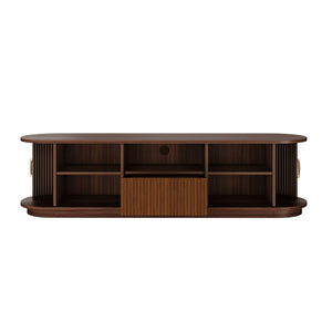 English Elm Vintage Farmhouse Media Console with Slatted Sliding Doors and Brass Hardware for Living Room Walnut N721P427206P