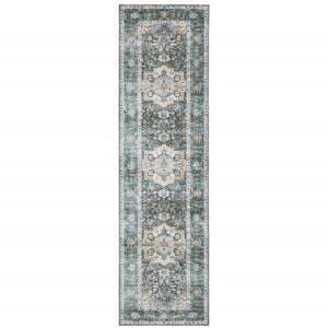 Homeroots 2' X 8' Blue Ivory Teal Brown And Gold Oriental Printed Stain Resistant Non Skid Runner Rug Blue,Ivory Polyester 510362