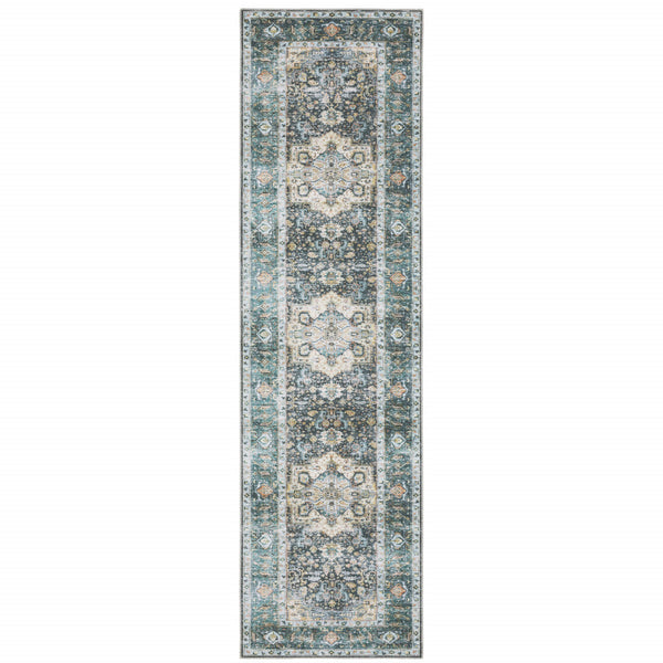 Homeroots 2' X 8' Blue Ivory Teal Brown And Gold Oriental Printed Stain Resistant Non Skid Runner Rug Blue,Ivory Polyester 510362