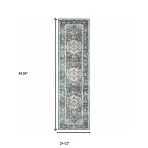 Homeroots 2' X 8' Blue Ivory Teal Brown And Gold Oriental Printed Stain Resistant Non Skid Runner Rug Blue,Ivory Polyester 510362