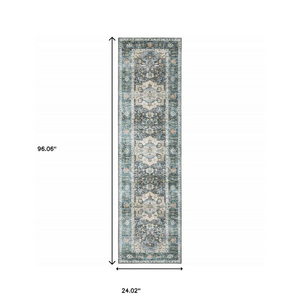 Homeroots 2' X 8' Blue Ivory Teal Brown And Gold Oriental Printed Stain Resistant Non Skid Runner Rug Blue,Ivory Polyester 510362