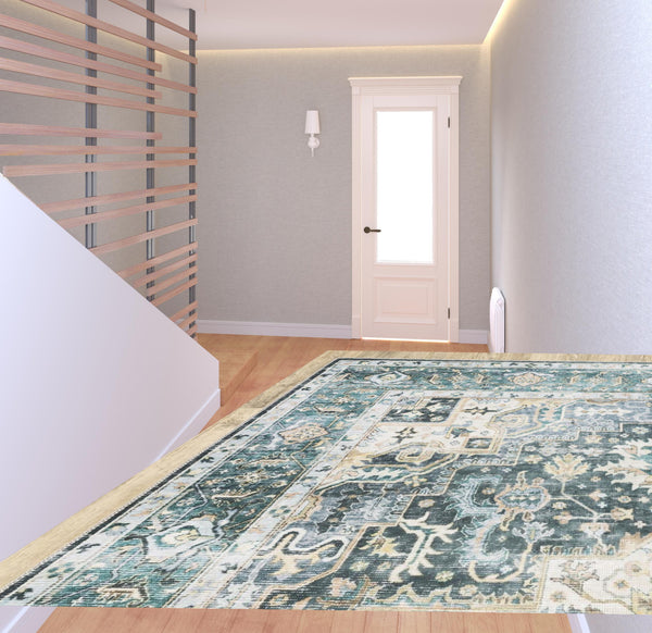 Homeroots 2' X 8' Blue Ivory Teal Brown And Gold Oriental Printed Stain Resistant Non Skid Runner Rug Blue,Ivory Polyester 510362