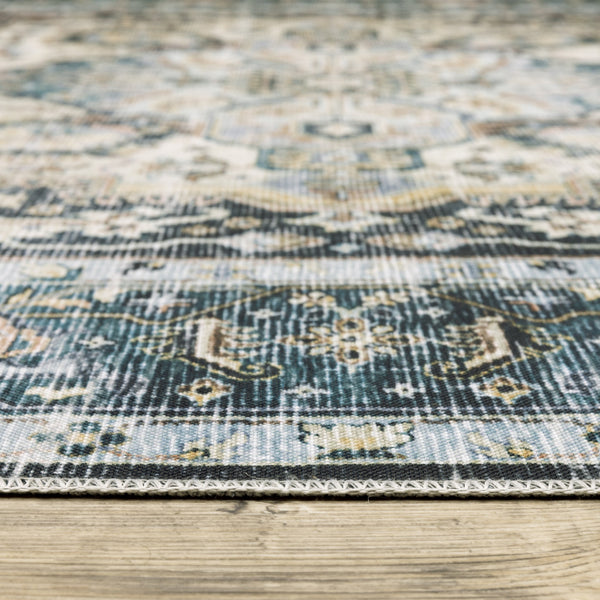 Homeroots 2' X 8' Blue Ivory Teal Brown And Gold Oriental Printed Stain Resistant Non Skid Runner Rug Blue,Ivory Polyester 510362