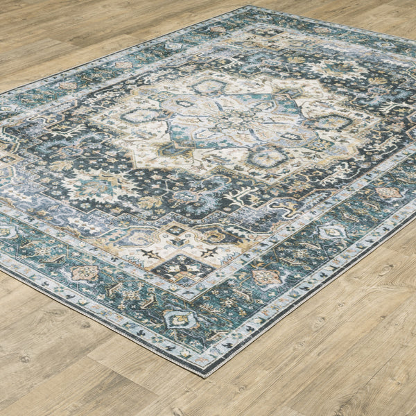 Homeroots 2' X 8' Blue Ivory Teal Brown And Gold Oriental Printed Stain Resistant Non Skid Runner Rug Blue,Ivory Polyester 510362