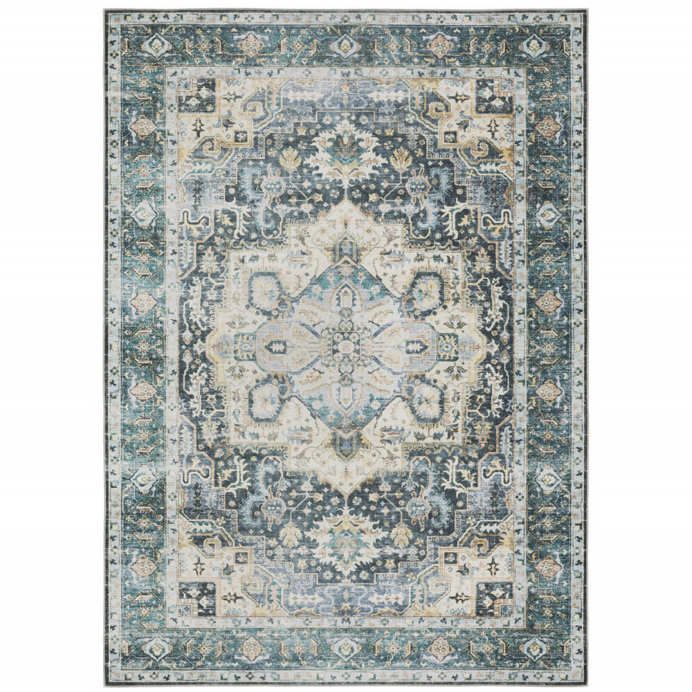 Homeroots 4' X 6' Blue Ivory Teal Brown And Gold Oriental Printed Stain Resistant Non Skid Area Rug Blue,Ivory Polyester 510363