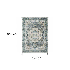 HomeRoots 4' Elegant Oriental-Print Area Rug in Blue, Ivory, Teal, Brown, and Gold – Stain Resistant and Non-Skid 4' X 6' 510363