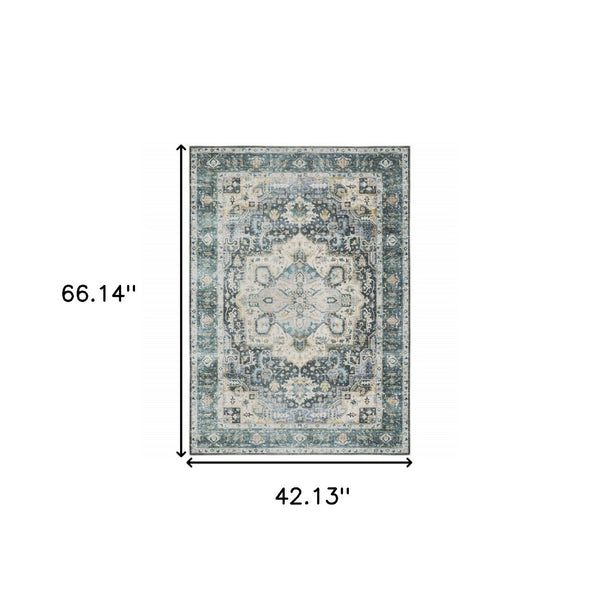 HomeRoots 4' Elegant Oriental-Print Area Rug in Blue, Ivory, Teal, Brown, and Gold – Stain Resistant and Non-Skid 4' X 6' 510363