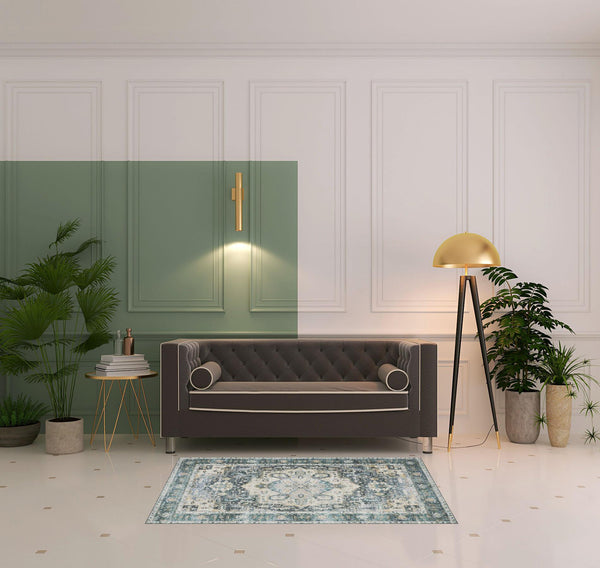 Homeroots 4' X 6' Blue Ivory Teal Brown And Gold Oriental Printed Stain Resistant Non Skid Area Rug Blue,Ivory Polyester 510363