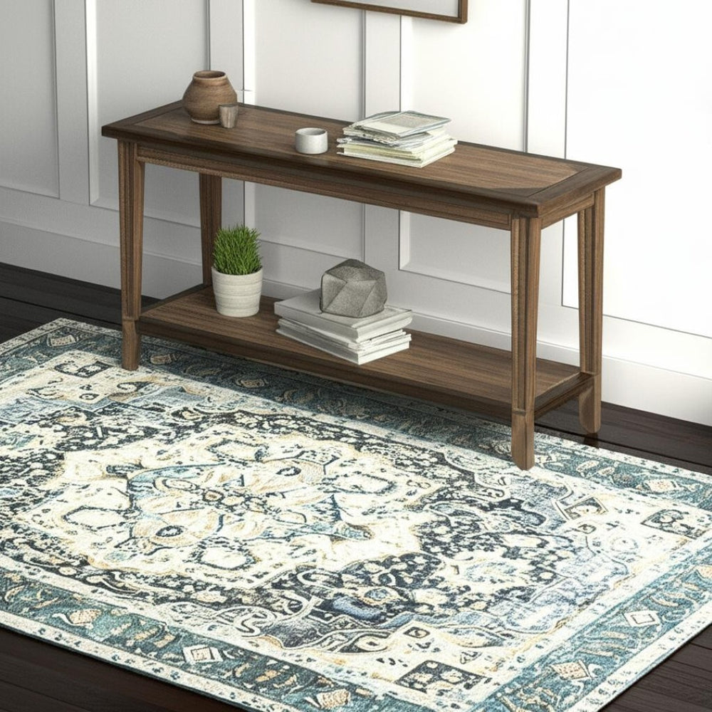 HomeRoots 4' Elegant Oriental-Print Area Rug in Blue, Ivory, Teal, Brown, and Gold – Stain Resistant and Non-Skid 4' X 6' 510363
