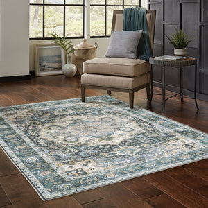 Homeroots 4' X 6' Blue Ivory Teal Brown And Gold Oriental Printed Stain Resistant Non Skid Area Rug Blue,Ivory Polyester 510363