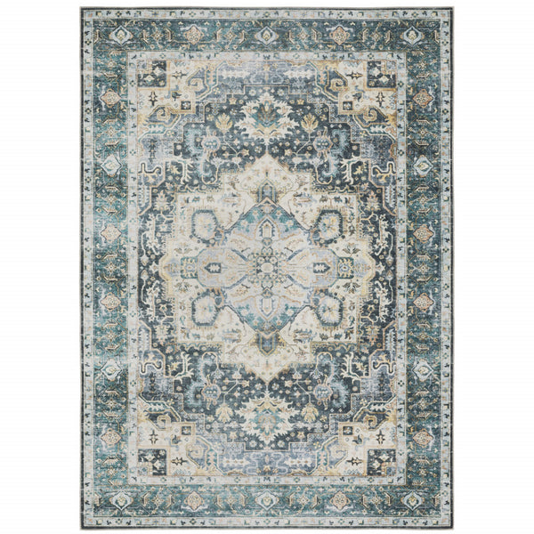 Homeroots 5' X 7' Blue Ivory Teal Brown And Gold Oriental Printed Stain Resistant Non Skid Area Rug Blue,Ivory Polyester 510364