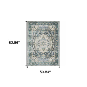 HomeRoots 4' Elegant Oriental-Print Area Rug in Blue, Ivory, Teal, Brown, and Gold – Stain Resistant and Non-Skid 5' X 7' 510364