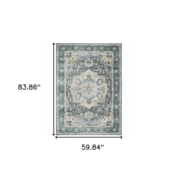 HomeRoots 4' Elegant Oriental-Print Area Rug in Blue, Ivory, Teal, Brown, and Gold – Stain Resistant and Non-Skid 5' X 7' 510364