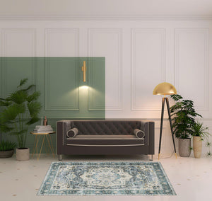 Homeroots 5' X 7' Blue Ivory Teal Brown And Gold Oriental Printed Stain Resistant Non Skid Area Rug Blue,Ivory Polyester 510364