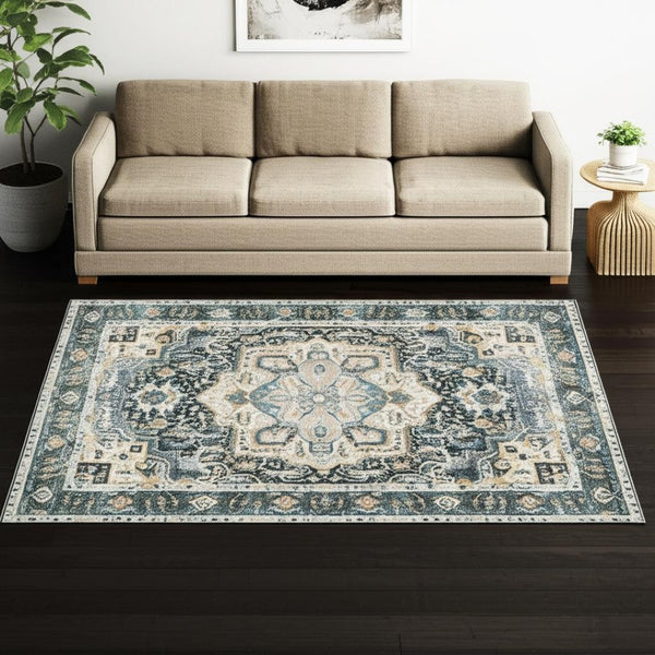 HomeRoots 4' Elegant Oriental-Print Area Rug in Blue, Ivory, Teal, Brown, and Gold – Stain Resistant and Non-Skid 5' X 7' 510364