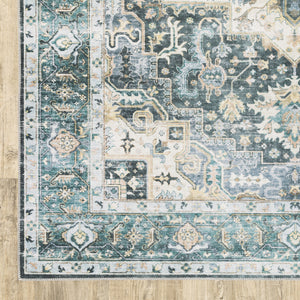 Homeroots 5' X 7' Blue Ivory Teal Brown And Gold Oriental Printed Stain Resistant Non Skid Area Rug Blue,Ivory Polyester 510364