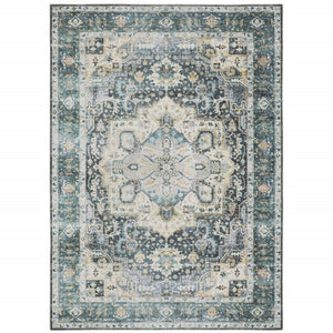 HomeRoots 4' Elegant Oriental-Print Area Rug in Blue, Ivory, Teal, Brown, and Gold – Stain Resistant and Non-Skid 7' X 10' 510365