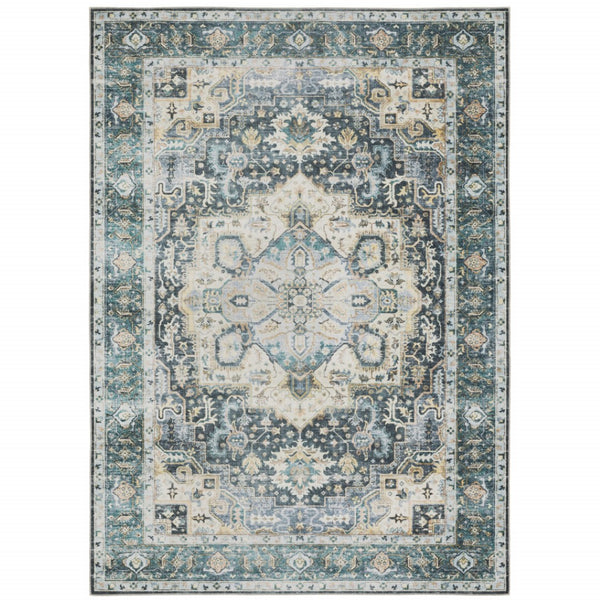 HomeRoots 4' Elegant Oriental-Print Area Rug in Blue, Ivory, Teal, Brown, and Gold – Stain Resistant and Non-Skid 7' X 10' 510365