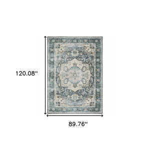 Homeroots 7' X 10' Blue And Ivory Oriental Non Skid Area Rug Blue,Ivory Polyester 510365