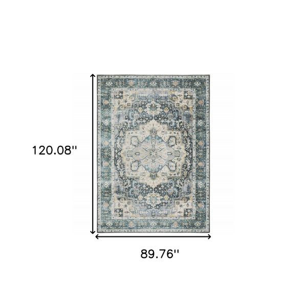 Homeroots 7' X 10' Blue And Ivory Oriental Non Skid Area Rug Blue,Ivory Polyester 510365