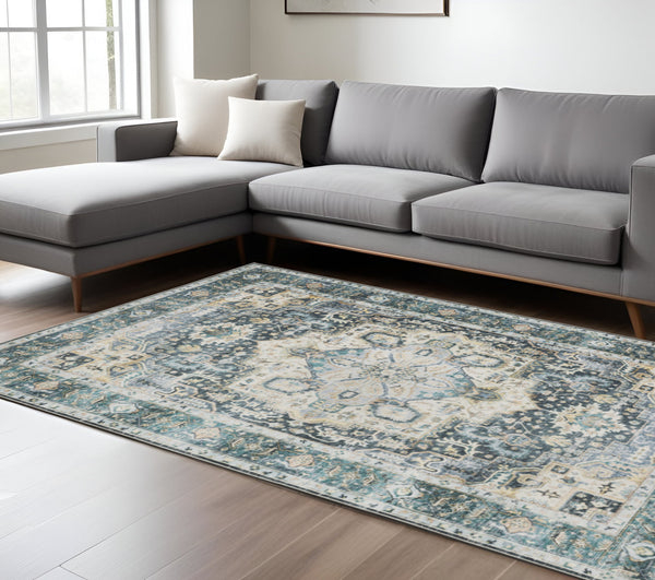 Homeroots 7' X 10' Blue And Ivory Oriental Non Skid Area Rug Blue,Ivory Polyester 510365