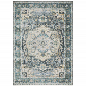 Homeroots 7' X 10' Blue And Ivory Oriental Non Skid Area Rug Blue,Ivory Polyester 510365
