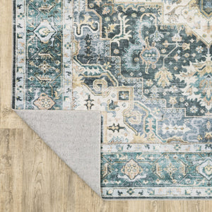 HomeRoots 4' Elegant Oriental-Print Area Rug in Blue, Ivory, Teal, Brown, and Gold – Stain Resistant and Non-Skid 7' X 10' 510365