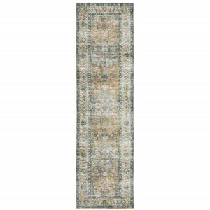 Homeroots 2' X 8' Blue Gold Brown Green And Salmon Oriental Printed Stain Resistant Non Skid Runner Rug Blue,Gold Polyester 510367