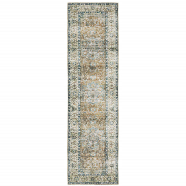 Homeroots 2' X 8' Blue Gold Brown Green And Salmon Oriental Printed Stain Resistant Non Skid Runner Rug Blue,Gold Polyester 510367