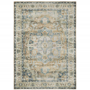 HomeRoots 4' Elegant Oriental-Print Area Rug in Blue, Ivory, Teal, Brown, and Gold – Stain Resistant and Non-Skid 4' X 6' 510368