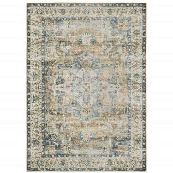 HomeRoots 4' Elegant Oriental-Print Area Rug in Blue, Ivory, Teal, Brown, and Gold – Stain Resistant and Non-Skid 4' X 6' 510368