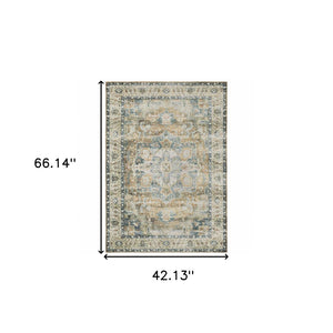 HomeRoots 4' Elegant Oriental-Print Area Rug in Blue, Ivory, Teal, Brown, and Gold – Stain Resistant and Non-Skid 4' X 6' 510368