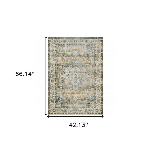 HomeRoots 4' Elegant Oriental-Print Area Rug in Blue, Ivory, Teal, Brown, and Gold – Stain Resistant and Non-Skid 4' X 6' 510368