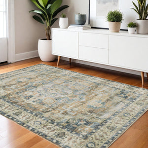 HomeRoots 4' Elegant Oriental-Print Area Rug in Blue, Ivory, Teal, Brown, and Gold – Stain Resistant and Non-Skid 4' X 6' 510368
