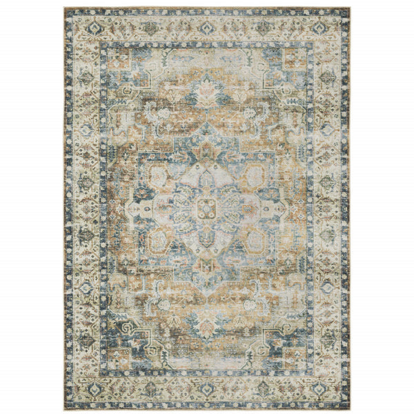 Homeroots 4' X 6' Blue And Gold Oriental Non Skid Area Rug Blue,Gold Polyester 510368
