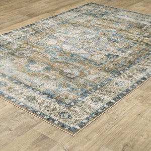 HomeRoots 4' Elegant Oriental-Print Area Rug in Blue, Ivory, Teal, Brown, and Gold – Stain Resistant and Non-Skid 4' X 6' 510368
