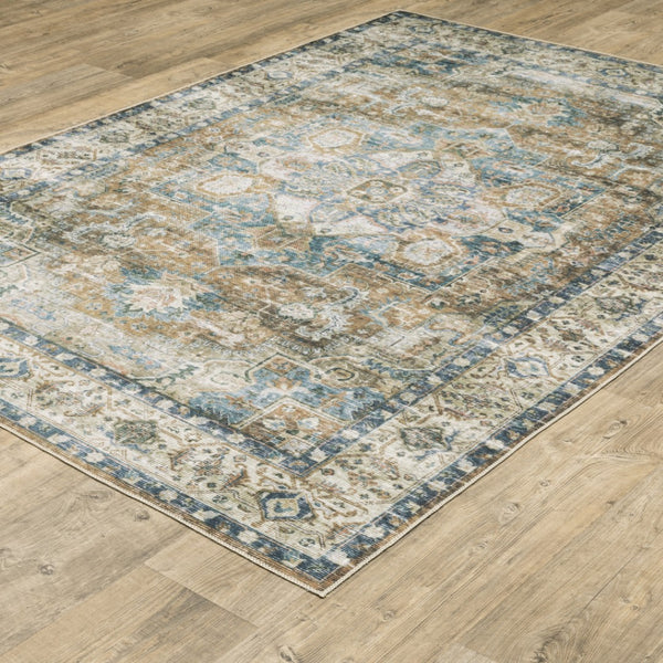 HomeRoots 4' Elegant Oriental-Print Area Rug in Blue, Ivory, Teal, Brown, and Gold – Stain Resistant and Non-Skid 4' X 6' 510368