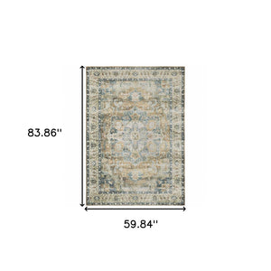 HomeRoots 4' Elegant Oriental-Print Area Rug in Blue, Ivory, Teal, Brown, and Gold – Stain Resistant and Non-Skid 5' X 7' 510369