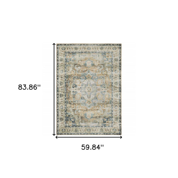 HomeRoots 4' Elegant Oriental-Print Area Rug in Blue, Ivory, Teal, Brown, and Gold – Stain Resistant and Non-Skid 5' X 7' 510369