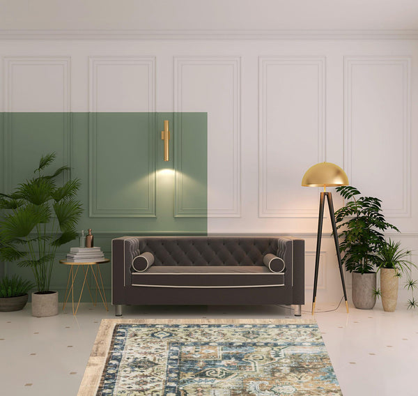 Homeroots 5' X 7' Blue Gold Brown Green And Salmon Oriental Printed Stain Resistant Non Skid Area Rug Blue,Gold Polyester 510369